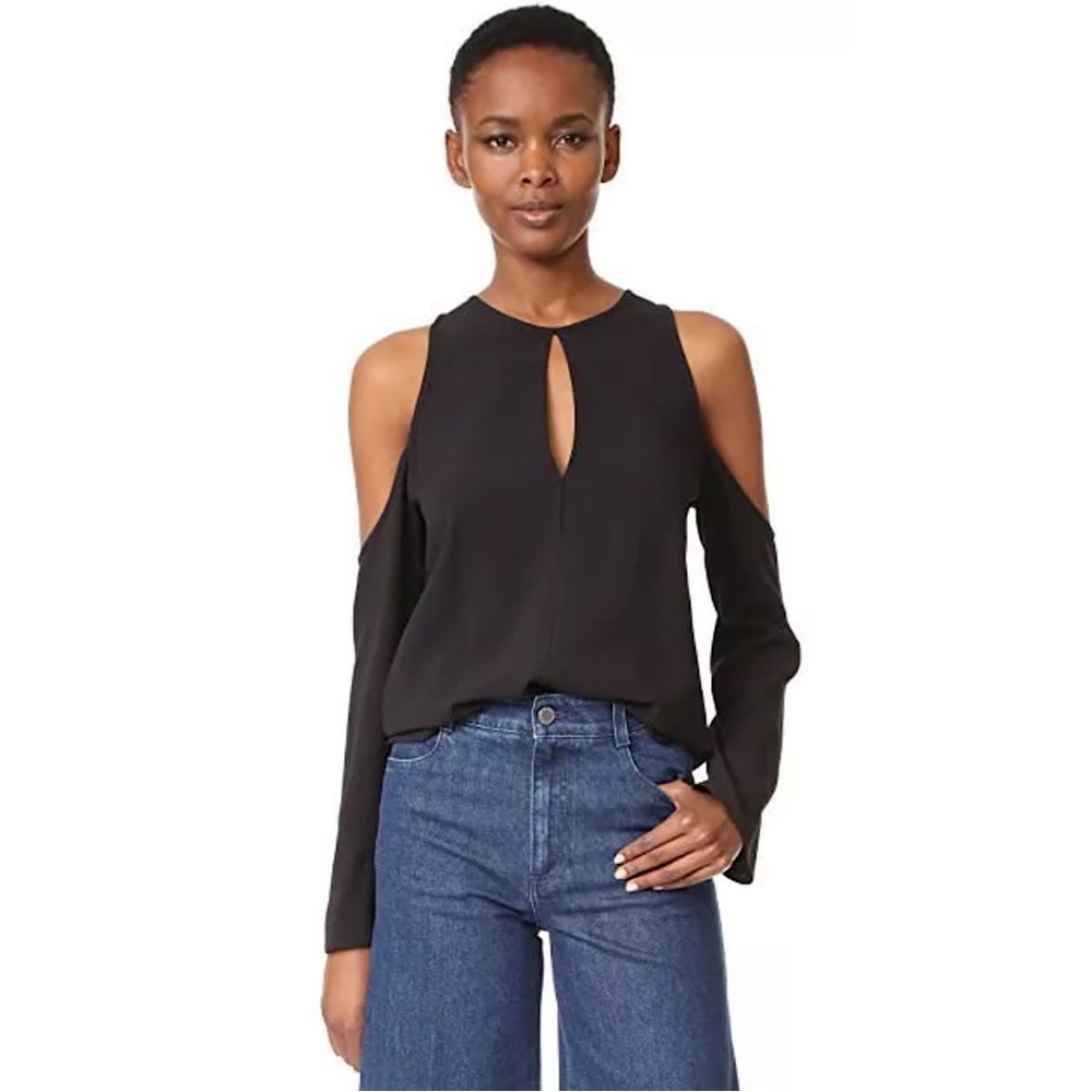 🔥🔥🔥NEW Theory Black Sarver Rosina Crepe Open Shoulder Blouse Top
